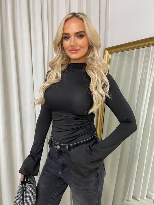 Ruched High Neck Flare Long Sleeve Top