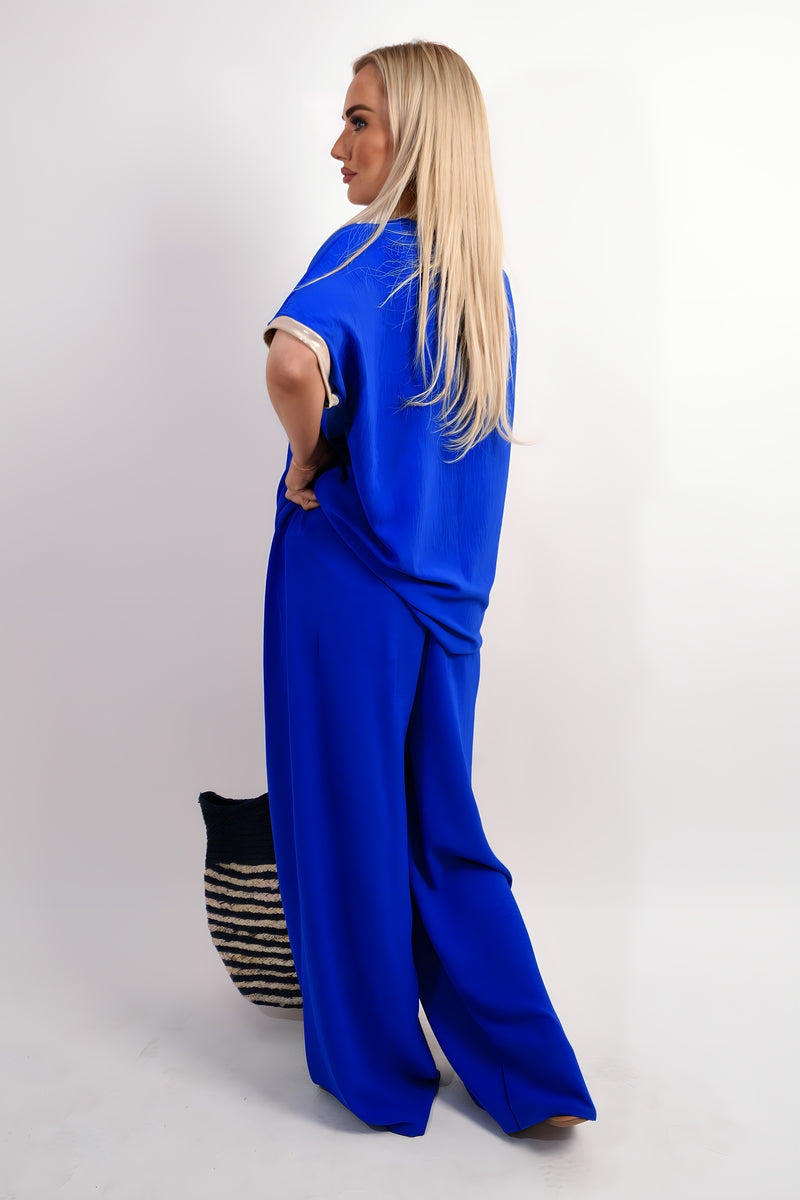 Drawstring Shiny Waist Wide Leg Trouser